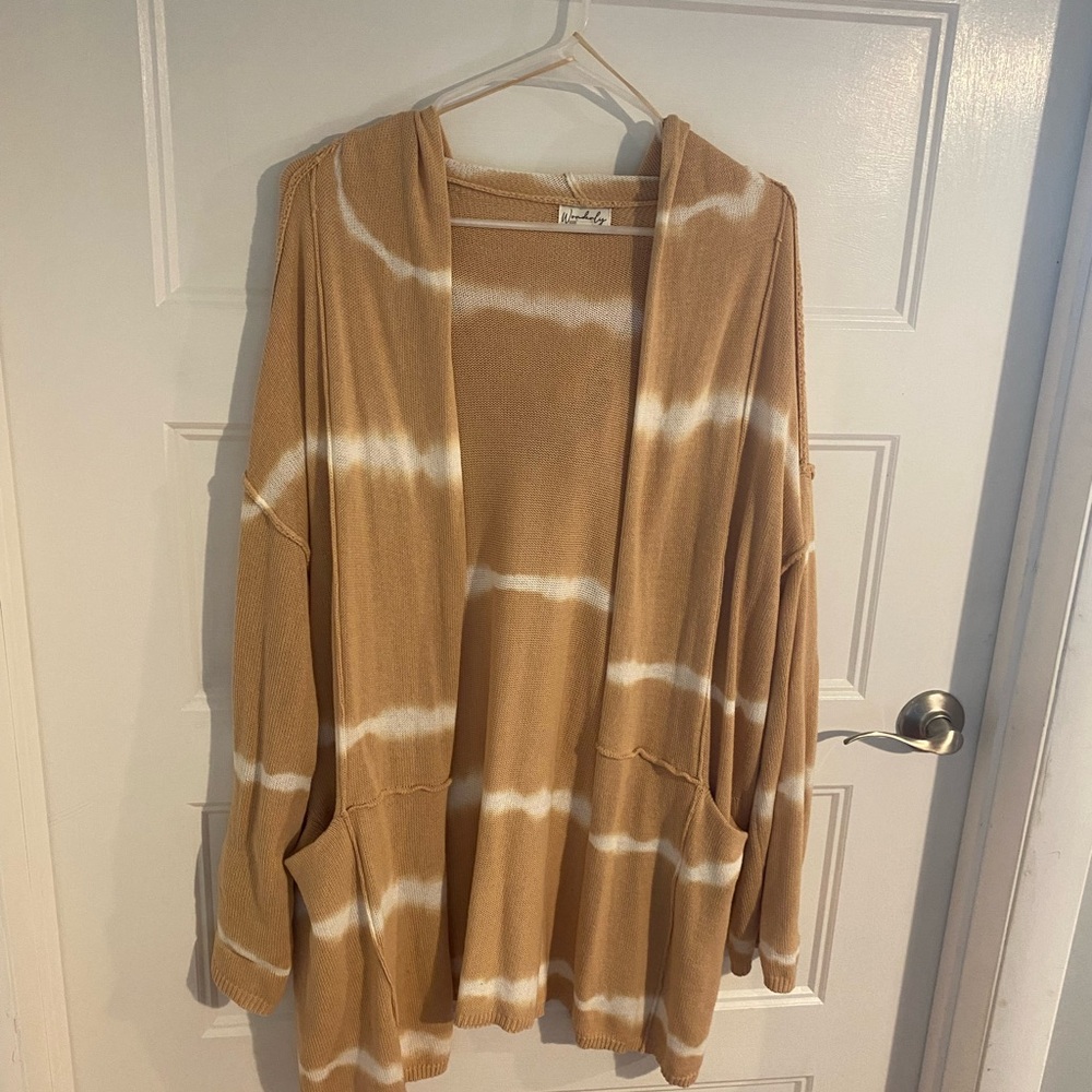 Wonderly Hooded Ribbed cardigan with pockets XL. Tan and white.